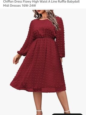 Textured Burgundy Chiffon Midi Dress with Elastic Waist